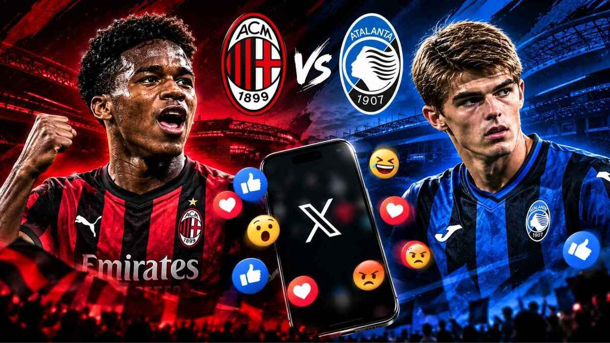 Grafica di Milan-Atalanta con i loghi delle squadre, Alphadjo Cissé in maglia rossonera sulla sinistra, Charles De Ketelaere in maglia nerazzurra sulla destra, e uno smartphone centrale con l'icona di X e le reazioni social.