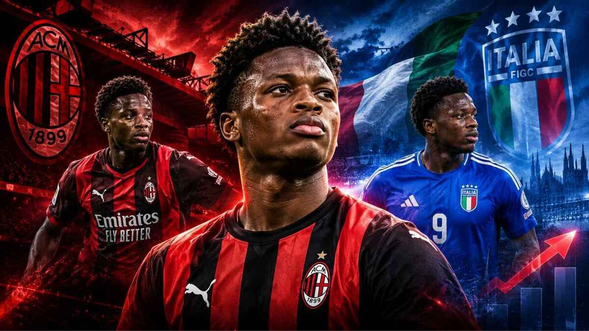 Grafica di Alphadjo Cisse in maglia rossonera del Milan e in divisa azzurra della Nazionale italiana. Immagine per presentare un'intervista esclusiva a Paolo Zanetti, suo ex allenatore al Verona. Ora Cissè è al Milan