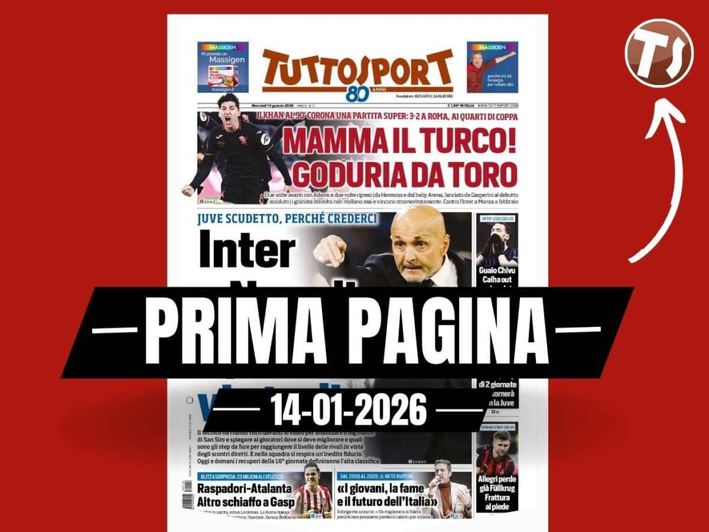 Prima pagina Tuttosport: "Verso Como-Milan: Allegri perde già Füllkrug, frattura al piede"