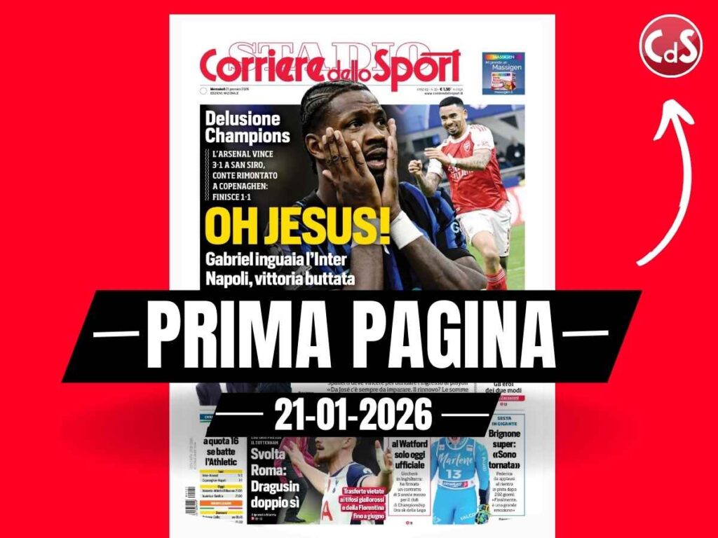 Prima pagina Corriere dello Sport: "Delusione Champions: Gabriel Jesus inguaia l'Inter"