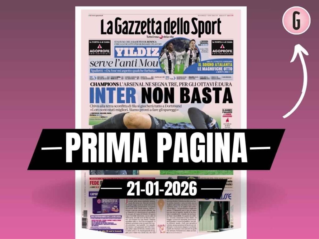 Prima pagina Gazzetta dello Sport: "L'Arsenal ne segna tre: Inter, non basta per gli ottavi"