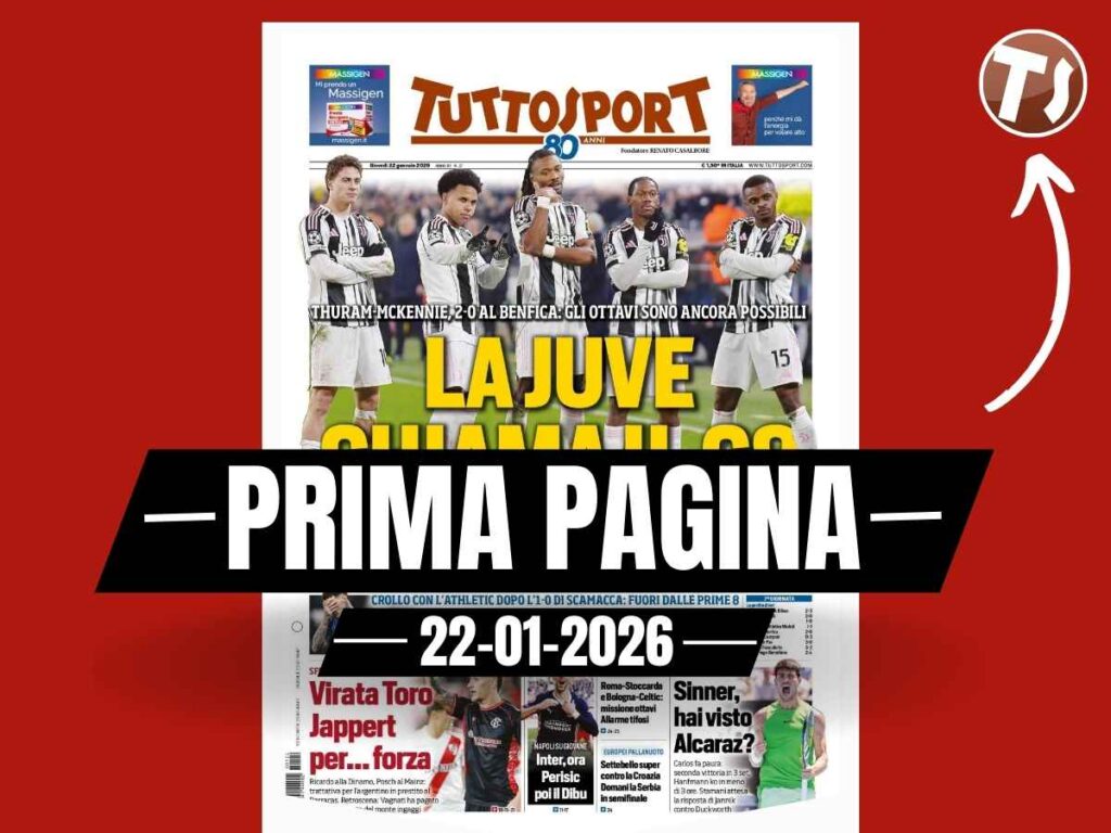 Prima pagina Tuttosport: "Thuram, McKennie: 2-0 al Benfica. La Juve chiama il G8"