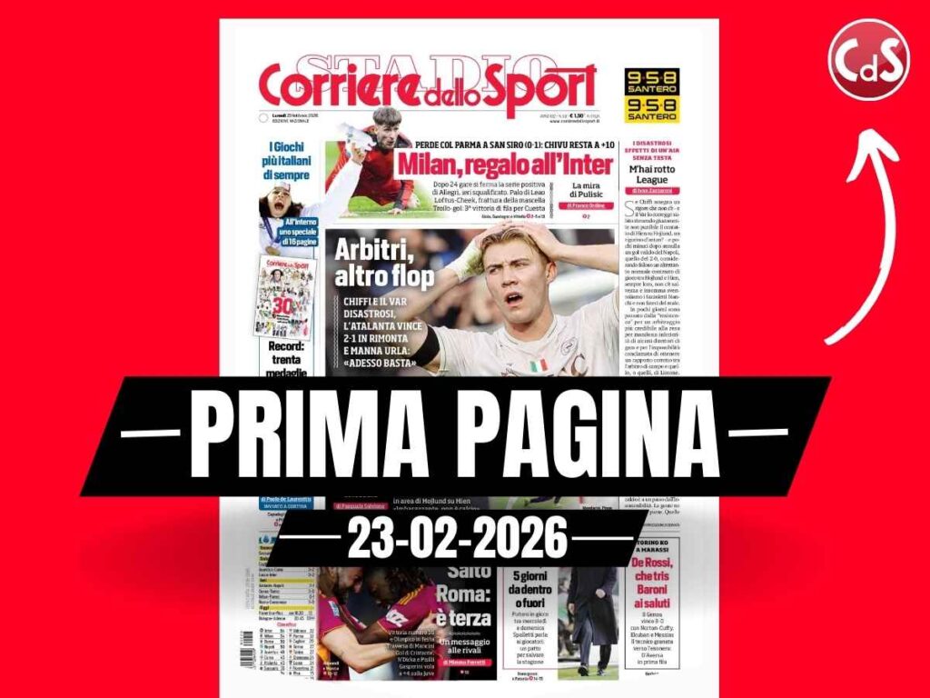 Prima pagina Corriere dello Sport: "Milan, regalo all'Inter: perde 0-1 contro il Parma a 'San Siro'"