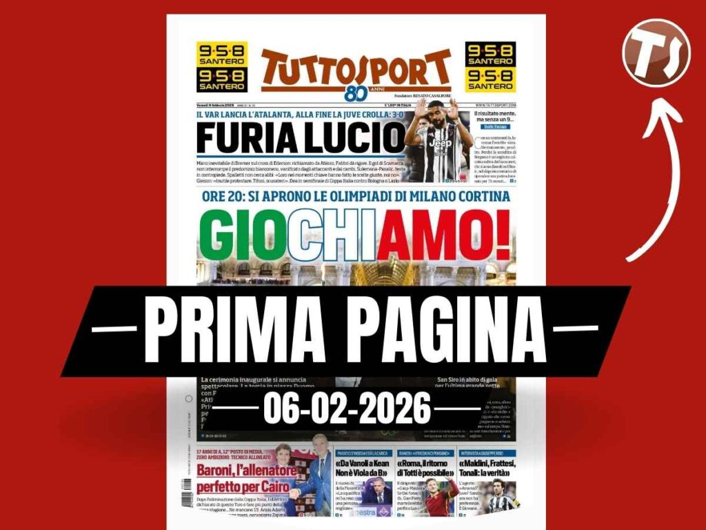 Prima pagina Tuttosport: "Il VAR lancia l'Atalanta, la Juve crolla. Furia Lucio"