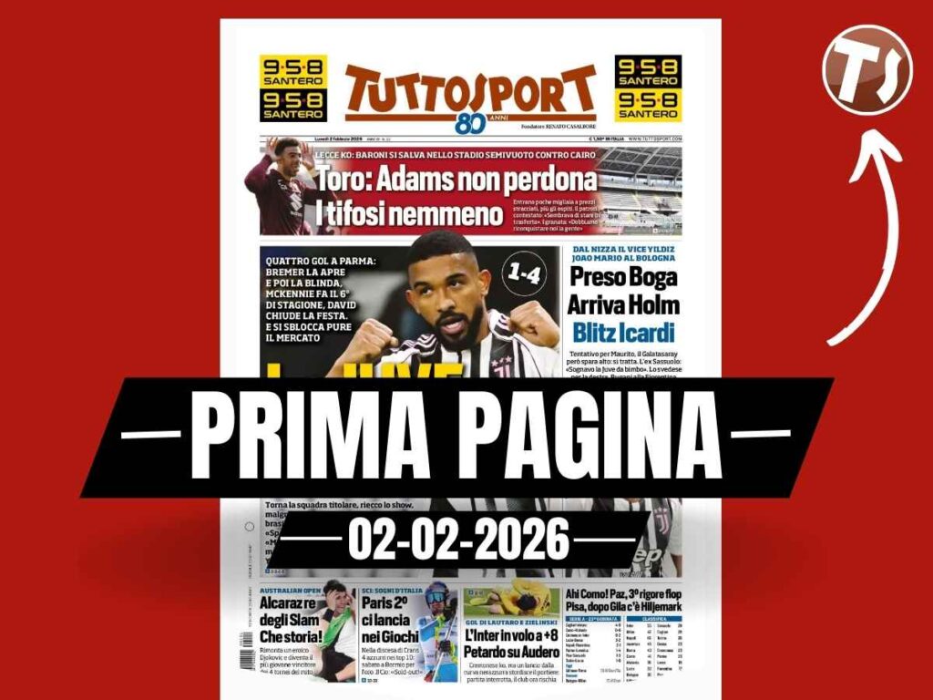 Prima pagina Tuttosport: "La Juve fa i botti. Poker a Parma. Preso Boga, arriva Holm"