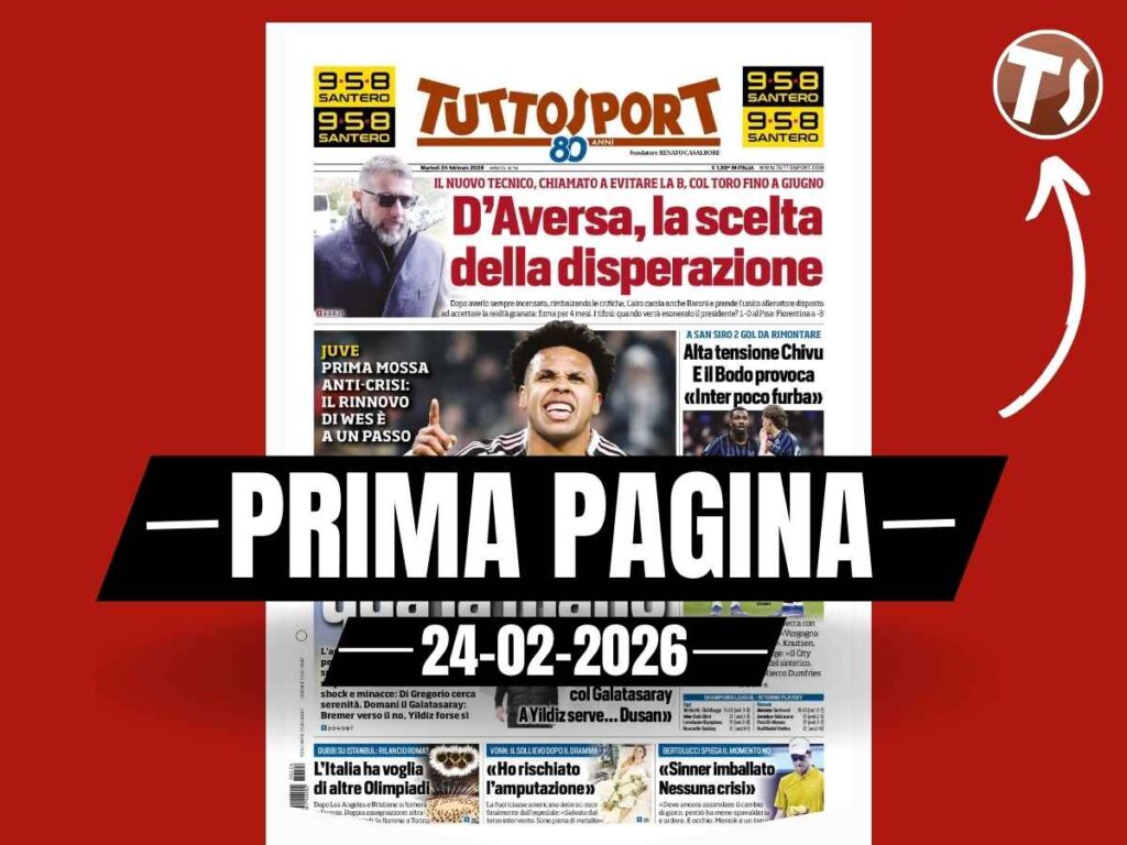 Prima pagina Tuttosport: "Juventus-McKennie, qua la mano. Torino, D'Aversa la scelta della disperazione"