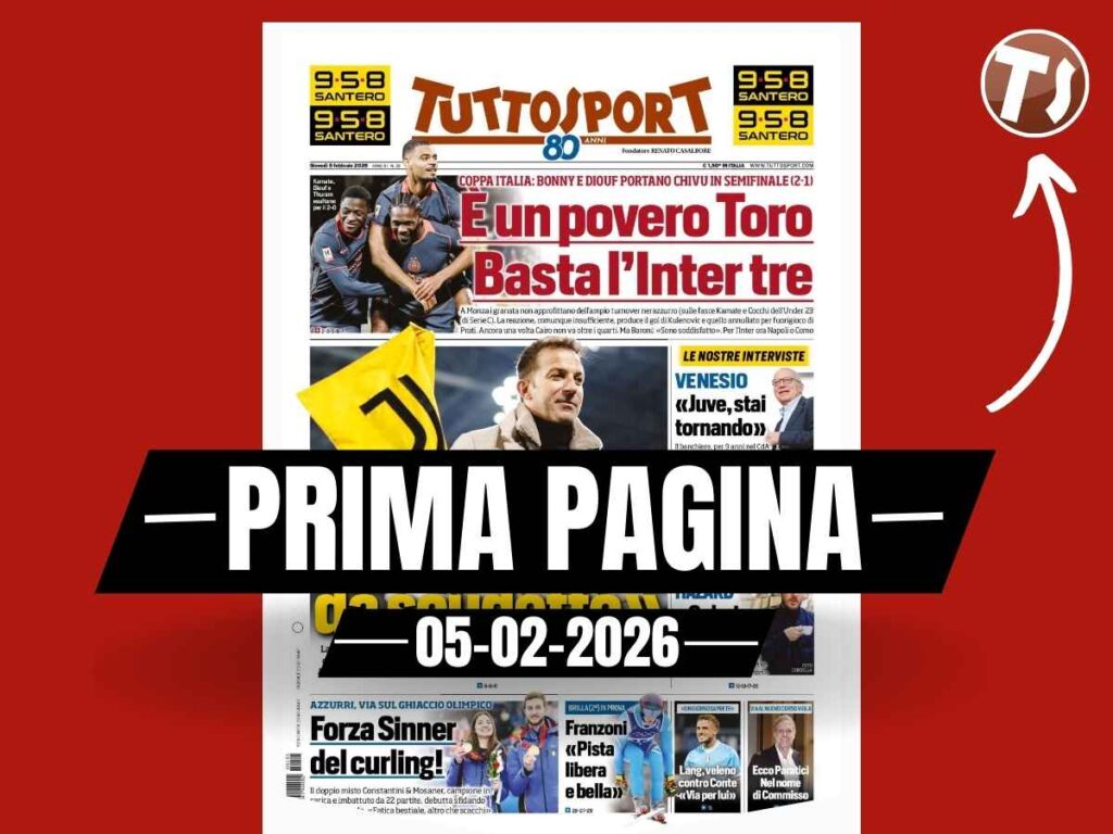 Prima pagina Tuttosport: "Del Piero benedice i bianconeri: 'Juventus e Spalletti da Scudetto'"