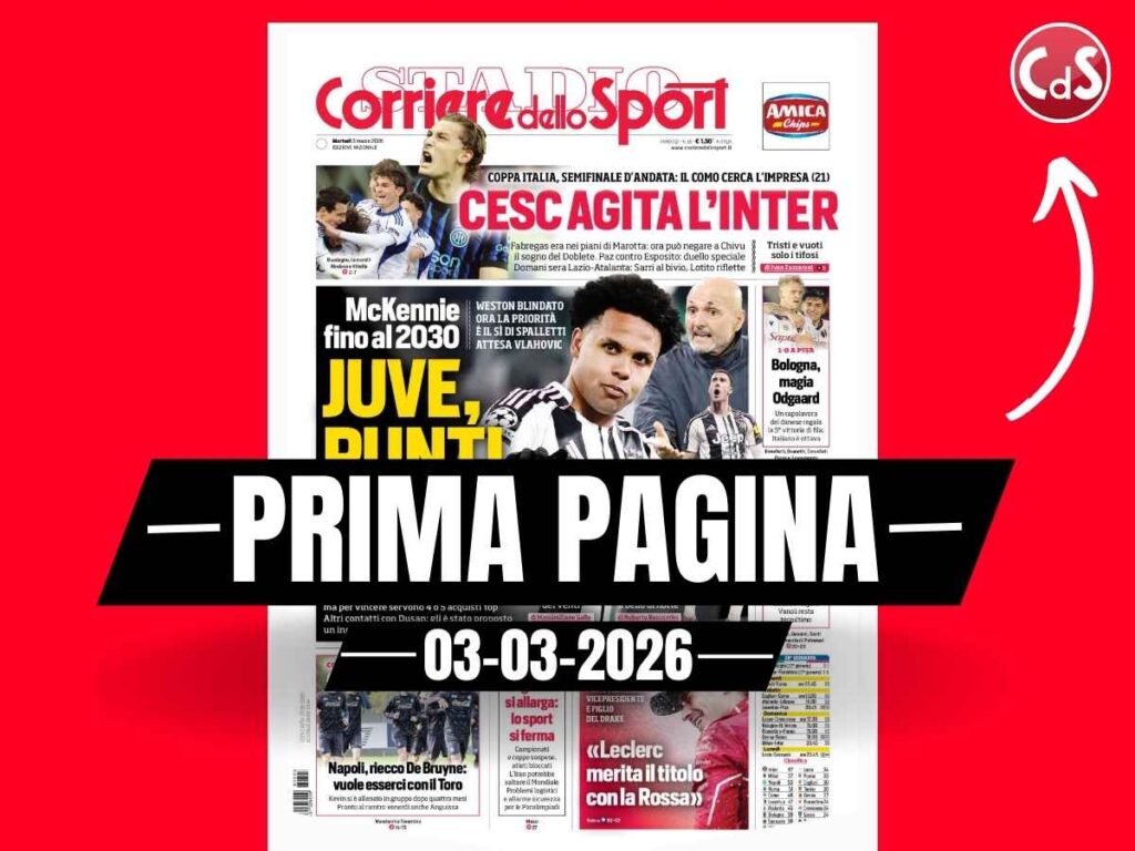 Prima pagina Corriere dello Sport: "Juve, punti fermi: McKennie-2030. Spalletti, vertice per il rinnovo"