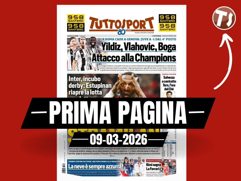 Prima pagina Tuttosport: "StraMilan: Inter, incubo derby. Estupinan riapre la lotta Scudetto"