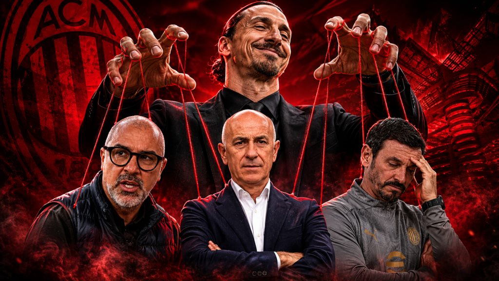 Grafica giornalistica del Milan con Zlatan Ibrahimovic come burattinaio che muove i fili sopra Vincenzo Vergine e l'area tecnica rossonera su sfondo rosso.