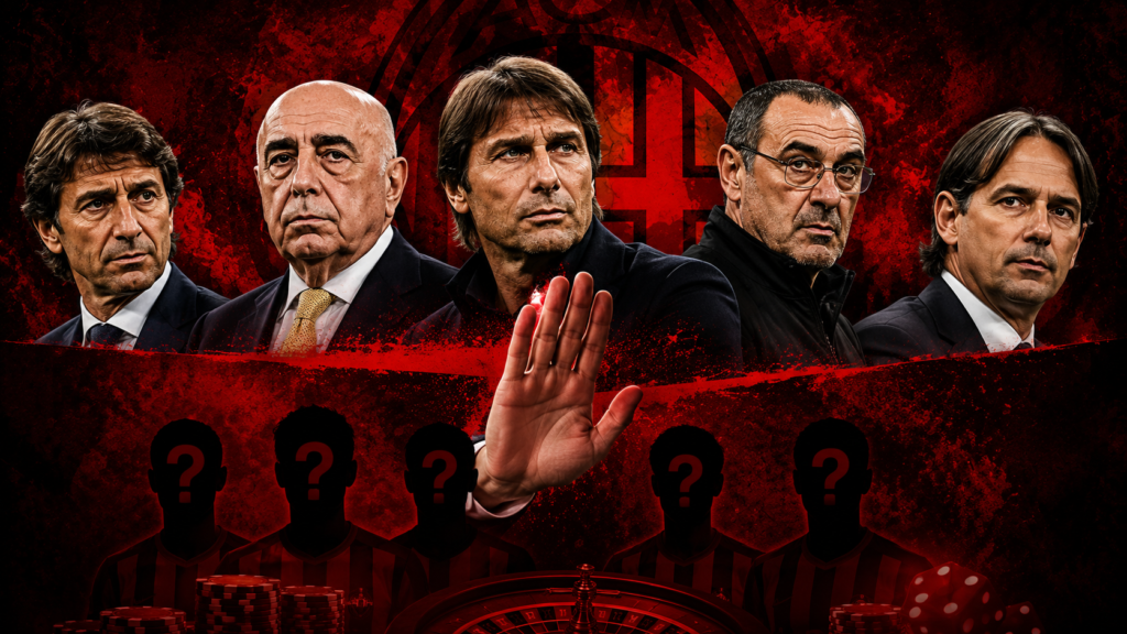 Grafica editoriale Pianeta Milan con Carnevali, Galliani, Conte, Sarri e Inzaghi su sfondo rosso rossonero
