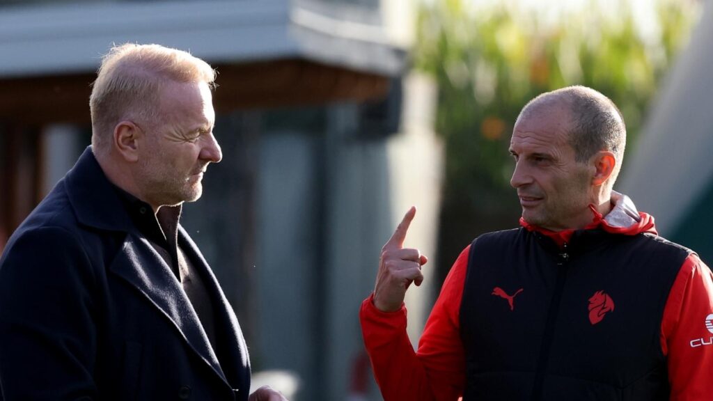 Igli Tare, direttore sportivo AC Milan, qui a Milanello con l'allenatore dei rossoneri Massimiliano Allegri